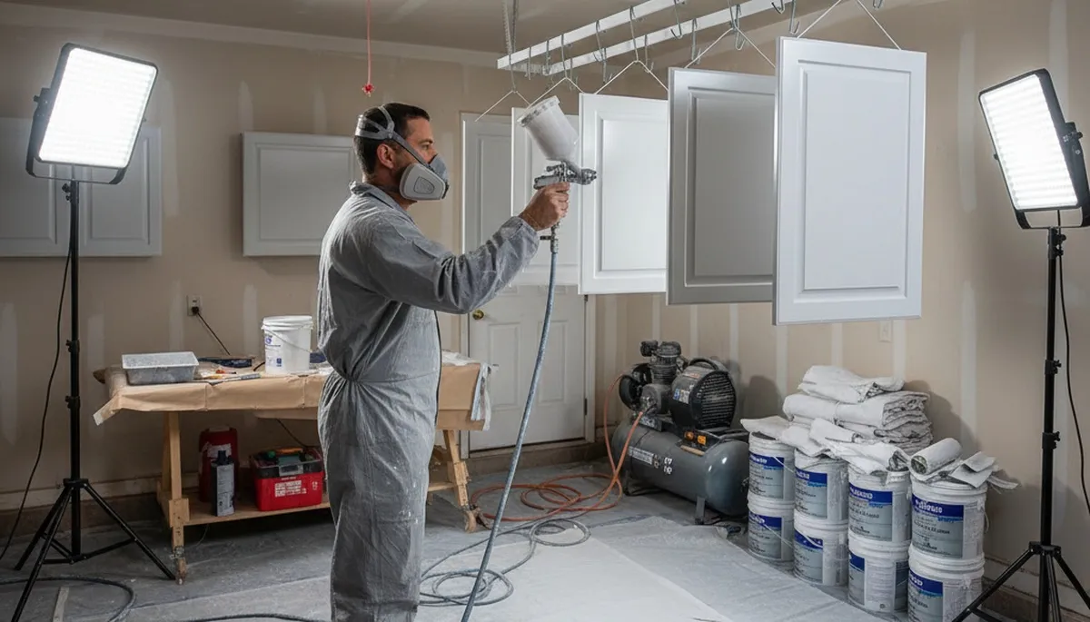 Professional cabinet painting process with spray finish transforming El Paso TX kitchen cabinets